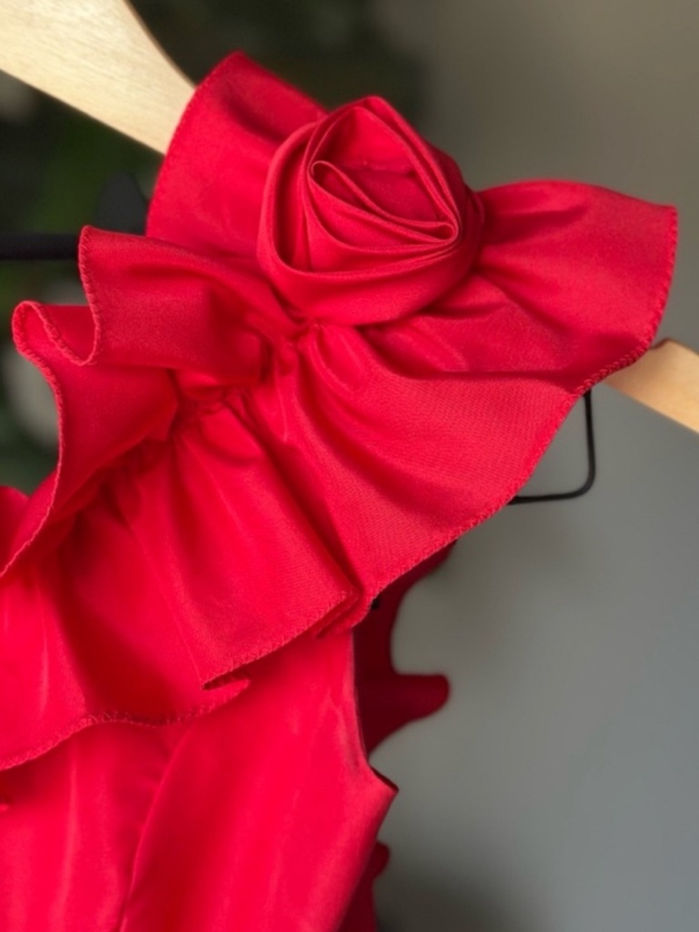 Union Made ILGWU USA Vintage Red Rose Rosette One Shoulder Gather Ballgown Dress